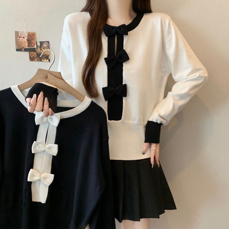 大码女装2025秋冬新款法式小香风圆领撞色套头长袖蝴蝶结上衣毛衣,女装/女士精品,大码内搭,淘宝优惠券,粉丝福利购,淘宝优惠卷