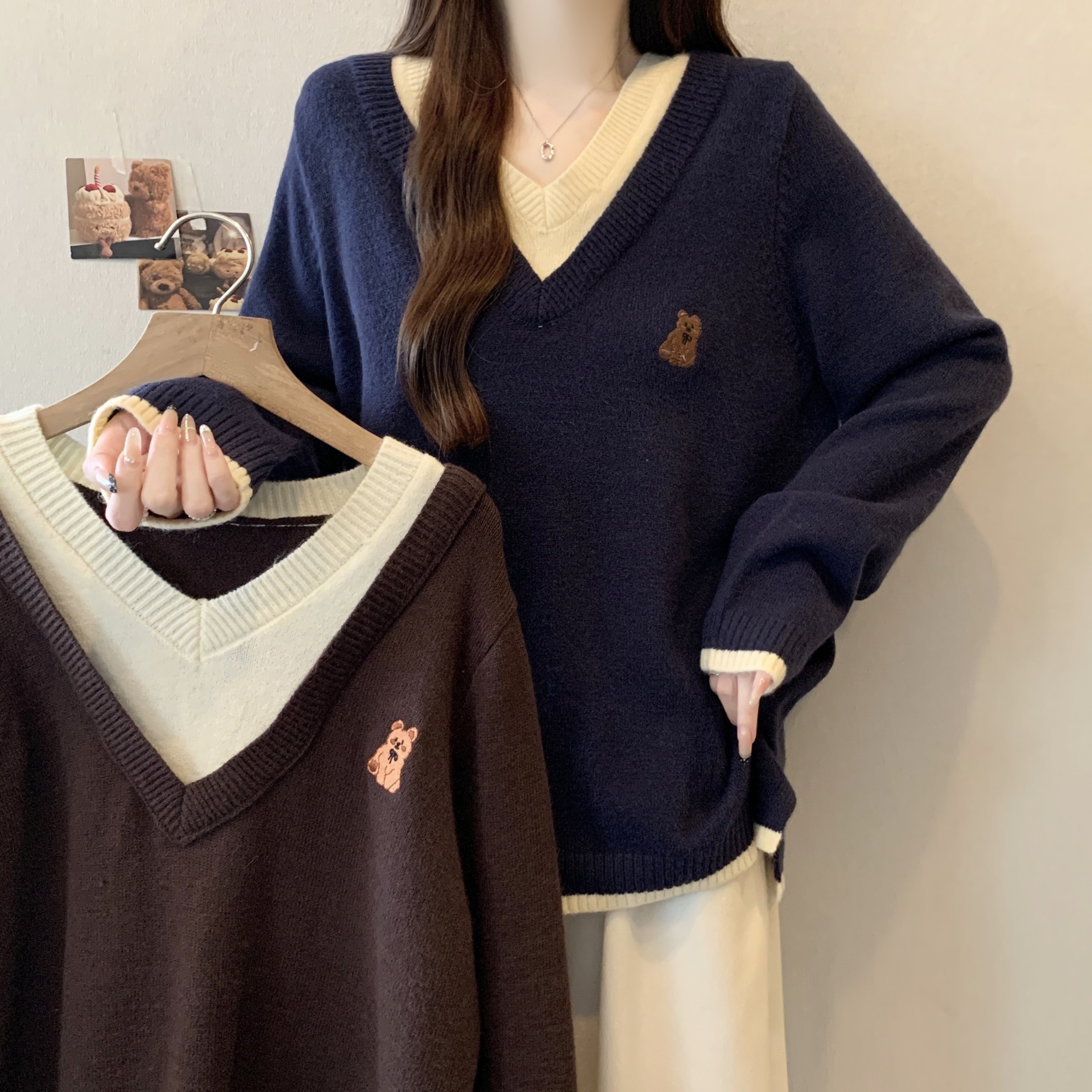 大码女装假两件V领针织内搭秋冬新款胖mm宽松慵懒风休闲长袖毛衣,女装/女士精品,大码内搭,淘宝优惠券,粉丝福利购,淘宝优惠卷