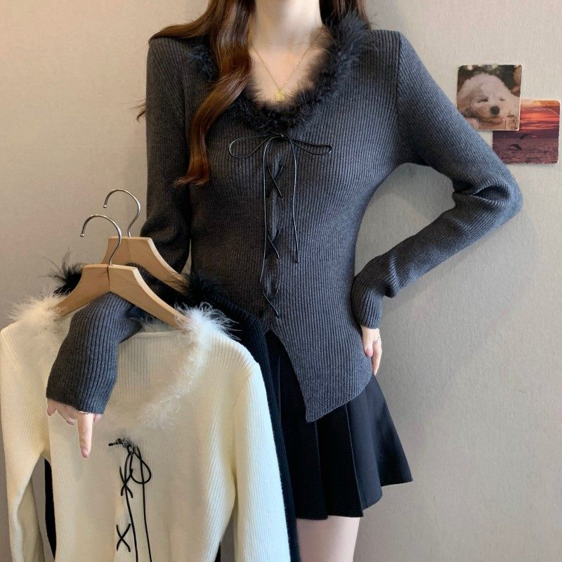 大码女装2025秋冬新款兔毛V领拼接系绳装饰长袖正肩上衣针织衫潮,女装/女士精品,大码内搭,淘宝优惠券,粉丝福利购,淘宝优惠卷