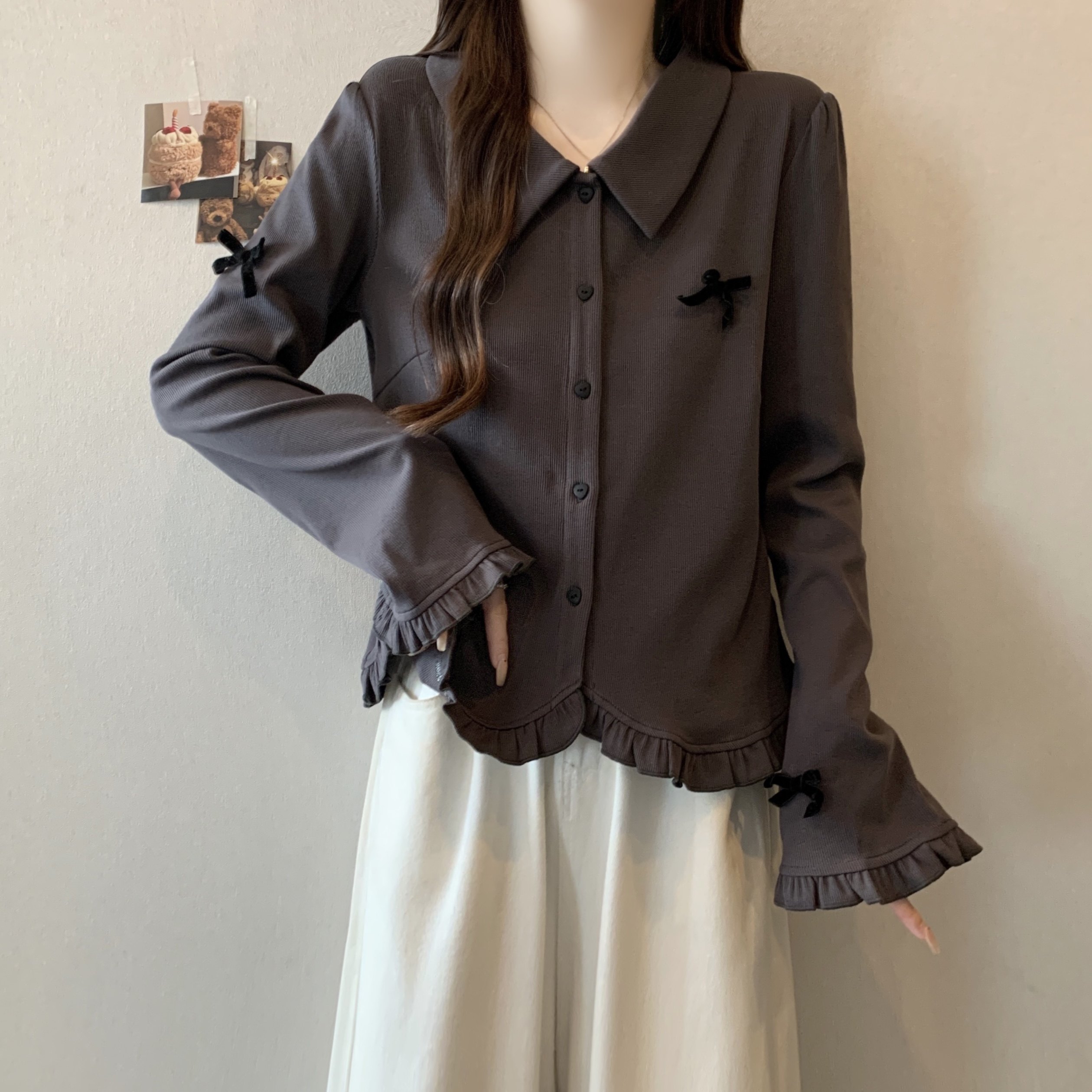 大码女装翻领立体蝴蝶结T恤2025秋季新款胖MM打底内搭荷叶边上衣,女装/女士精品,大码内搭,淘宝优惠券,粉丝福利购,淘宝优惠卷