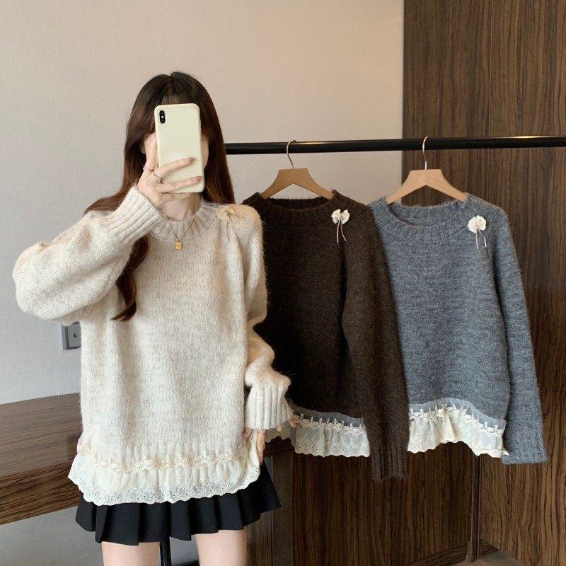 大码女装2025秋冬新款胖MM法式蕾丝花边拼接下摆圆领长袖套头毛衣,女装/女士精品,大码内搭,淘宝优惠券,粉丝福利购,淘宝优惠卷