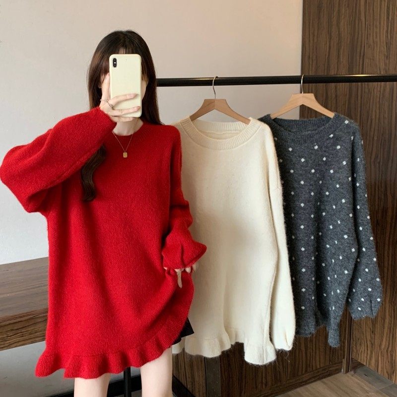 大码女装2025秋冬新款过年红圆领荷叶边下摆遮屁股长袖套头毛衣潮,女装/女士精品,大码内搭,淘宝优惠券,粉丝福利购,淘宝优惠卷