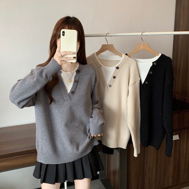 大码女装2025秋季新款时尚设计感假两件撞色V领长袖套头上衣毛衣,女装/女士精品,大码内搭,淘宝优惠券,粉丝福利购,淘宝优惠卷