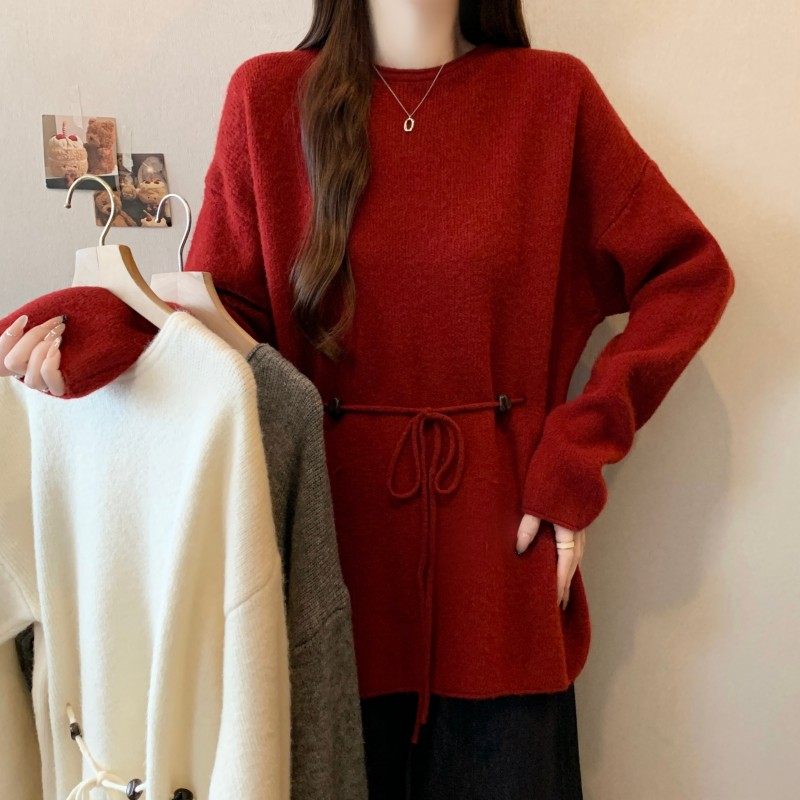 大码女装2025冬新款胖MM圆领宽松系腰带落肩袖套头长袖上衣毛衣潮,女装/女士精品,大码内搭,淘宝优惠券,粉丝福利购,淘宝优惠卷