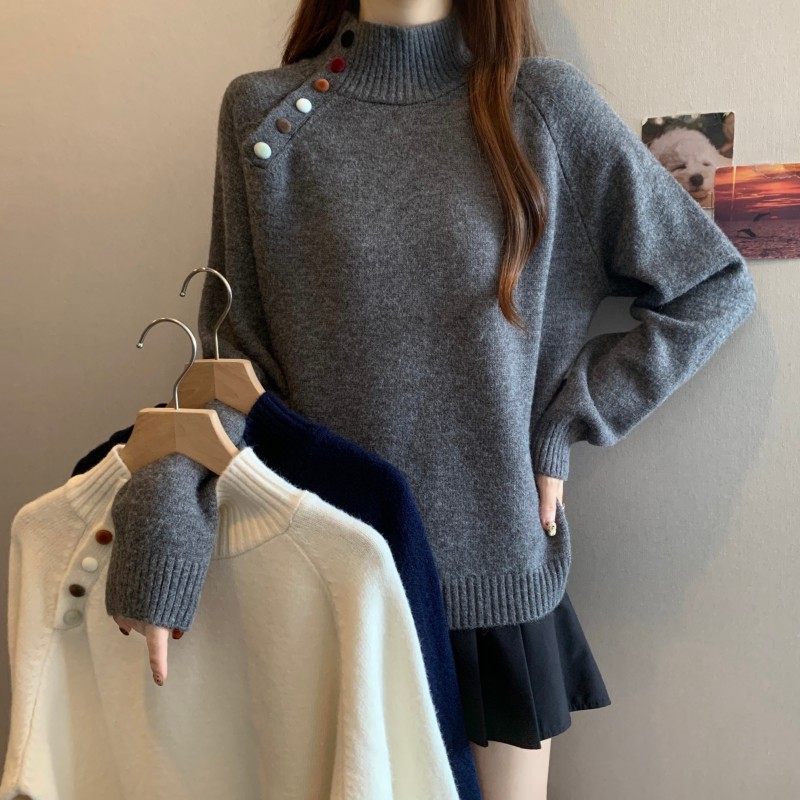 大码女装2025秋冬新款时尚百搭彩色设计感排扣中领插肩袖套头毛衣,女装/女士精品,大码内搭,淘宝优惠券,粉丝福利购,淘宝优惠卷