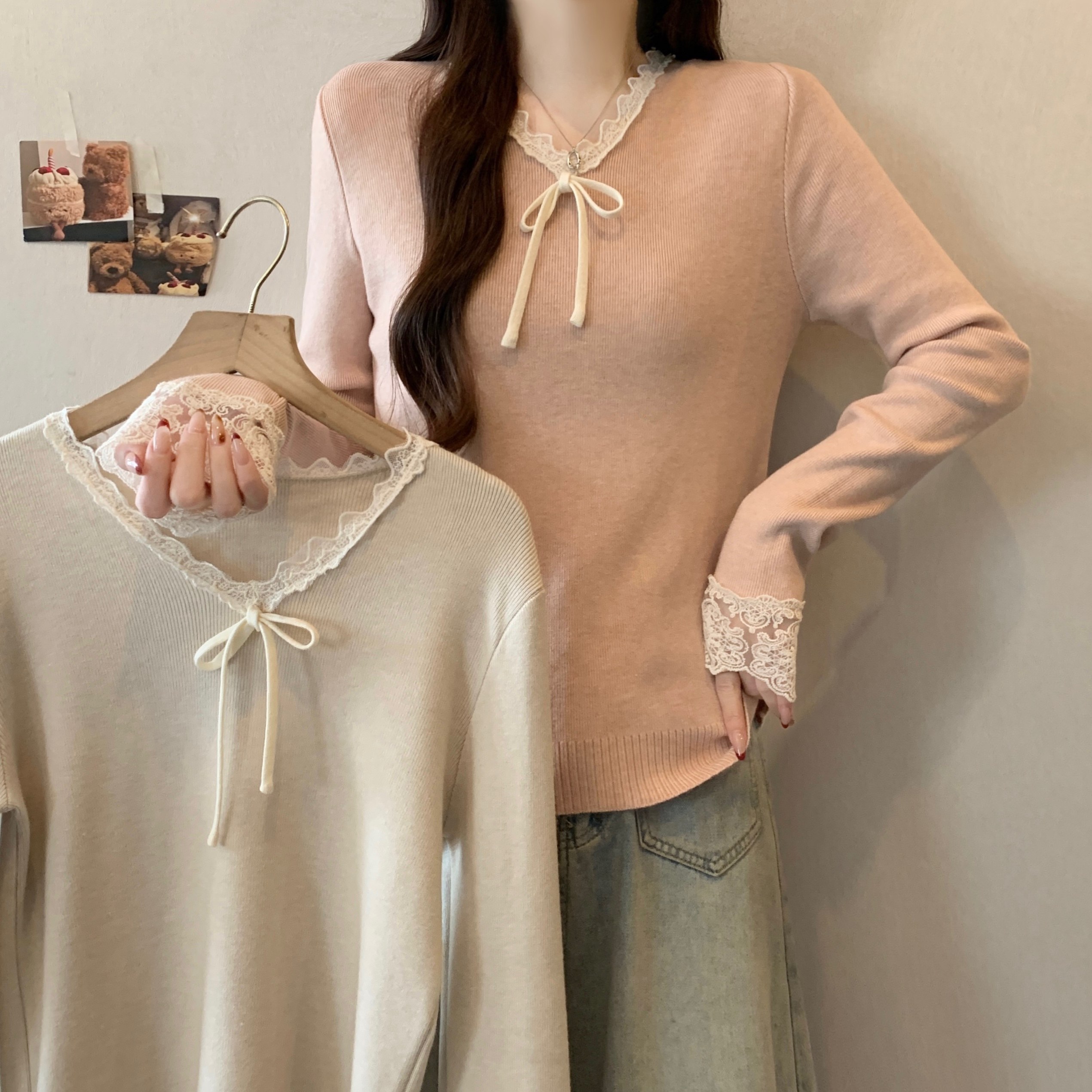 大码女装2025秋冬新款胖MM甜美蕾丝花边V领蝴蝶结针织毛衣打底衫,女装/女士精品,大码内搭,淘宝优惠券,粉丝福利购,淘宝优惠卷
