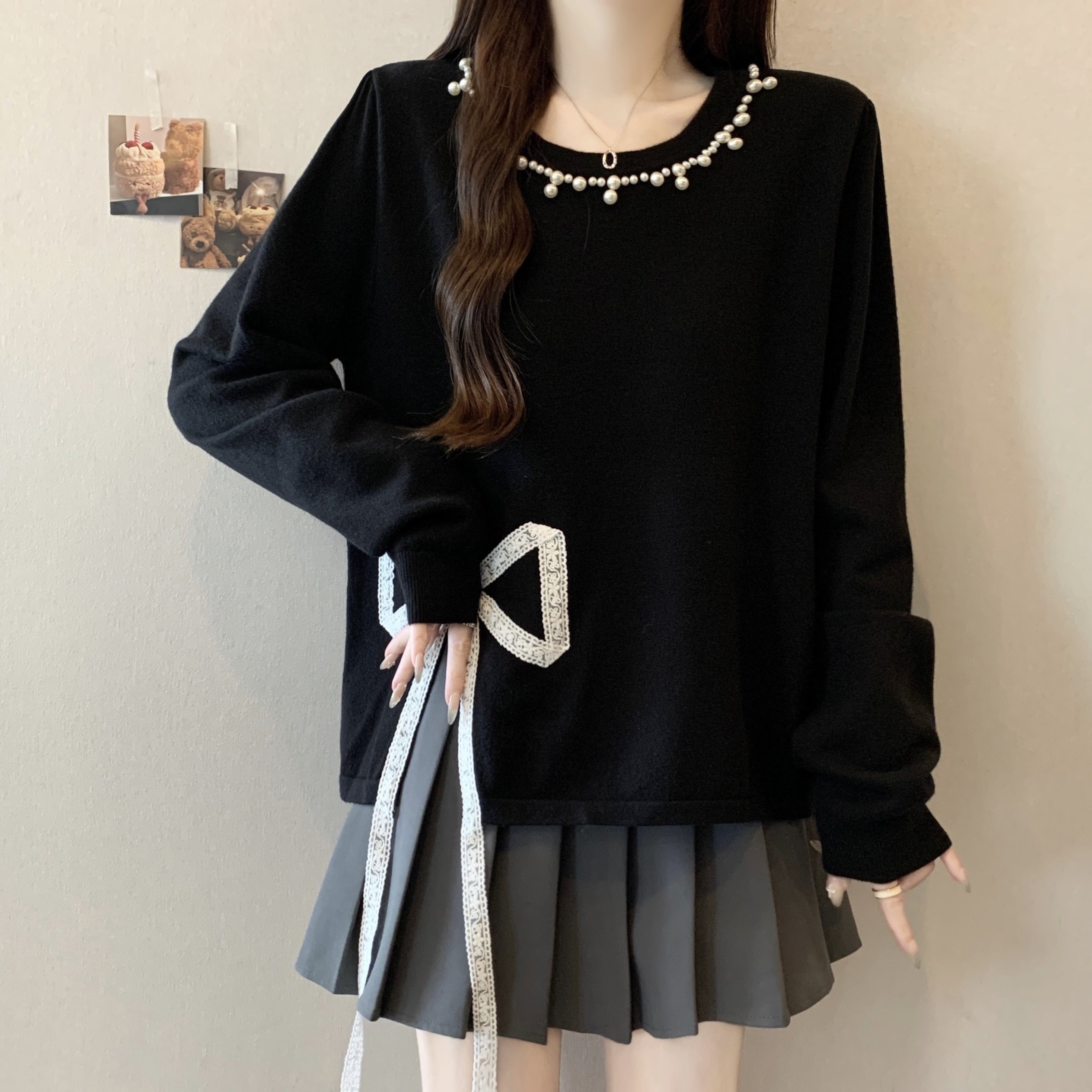 大码女装钉珠针织衫2025秋冬新款胖MM开叉长袖上衣蕾丝蝴蝶结毛衣,女装/女士精品,大码内搭,淘宝优惠券,粉丝福利购,淘宝优惠卷