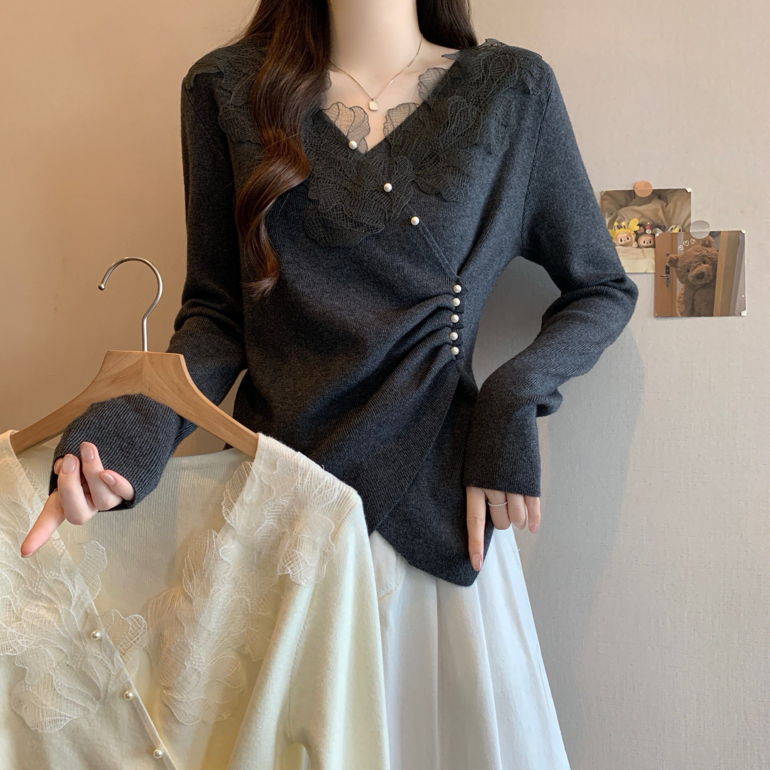大码女装2025秋冬新款V领蕾丝花边长袖针织衫胖MM褶皱不规则上衣,女装/女士精品,大码内搭,淘宝优惠券,粉丝福利购,淘宝优惠卷