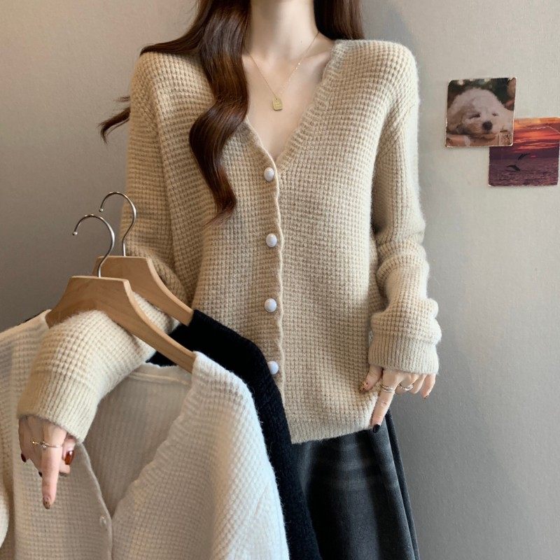 大码女装2025秋季新款时尚V领波浪边华夫格正肩上衣长袖开衫毛衣,女装/女士精品,大码内搭,淘宝优惠券,粉丝福利购,淘宝优惠卷