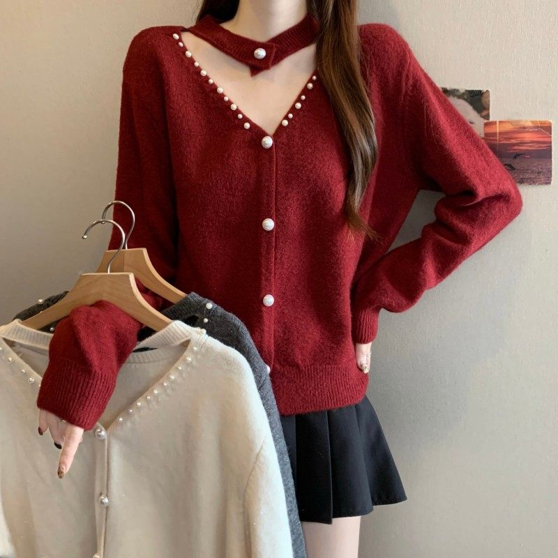 大码女装2025秋季新款法式气质珍珠脖套V领正肩开衫长袖上衣毛衣,女装/女士精品,大码内搭,淘宝优惠券,粉丝福利购,淘宝优惠卷
