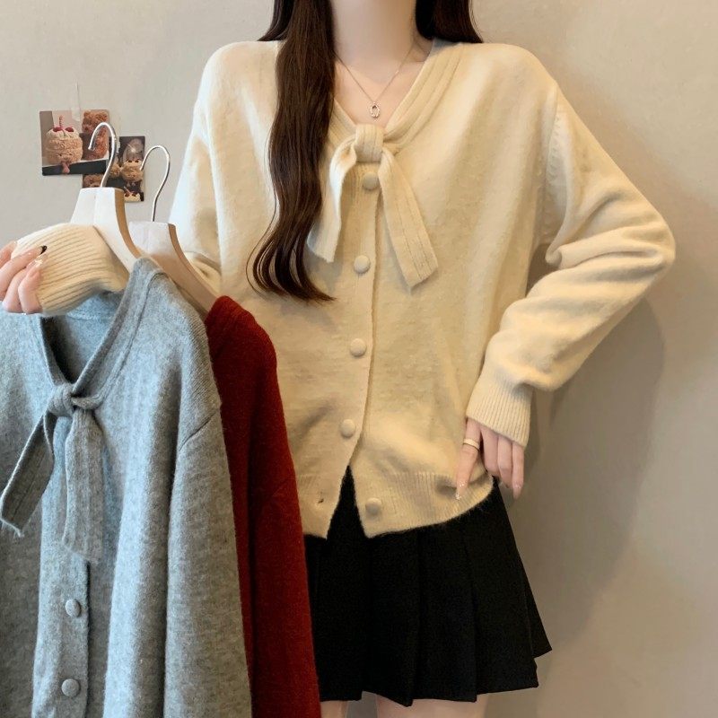 大码女装2025秋冬新款胖MM法式气质蝴蝶结领正肩长袖开衫上衣毛衣,女装/女士精品,大码内搭,淘宝优惠券,粉丝福利购,淘宝优惠卷