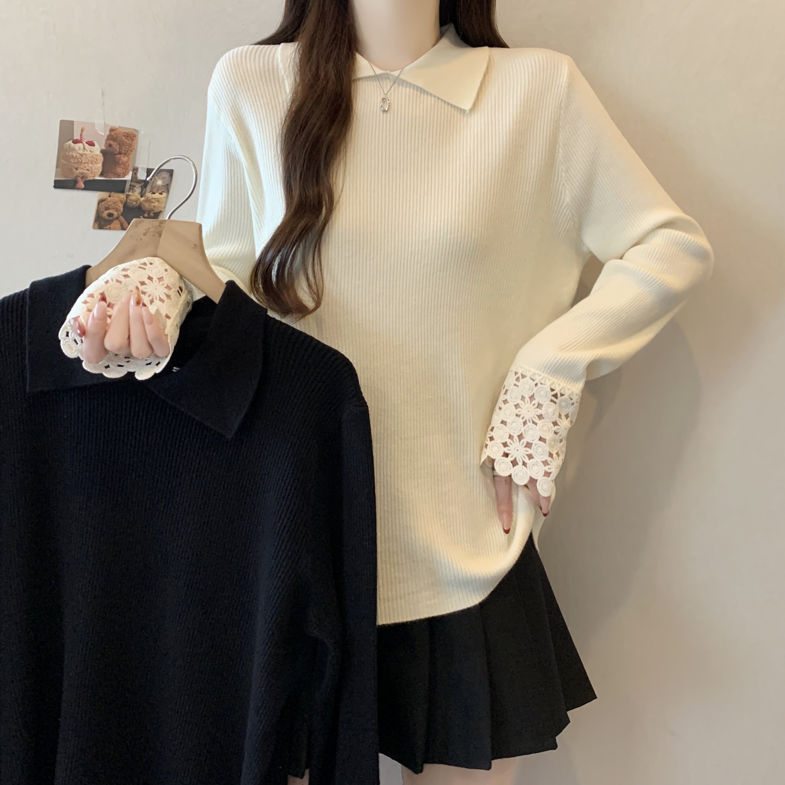 大码女装法式气质翻领针织衫秋冬新款胖MM别致镂空钩花拼接打底衫,女装/女士精品,大码内搭,淘宝优惠券,粉丝福利购,淘宝优惠卷