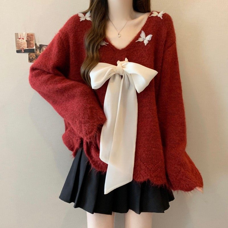 胖MM大码女装2025秋冬新款过年红重工V领蝴蝶结长袖套头上衣毛衣,女装/女士精品,大码内搭,淘宝优惠券,粉丝福利购,淘宝优惠卷