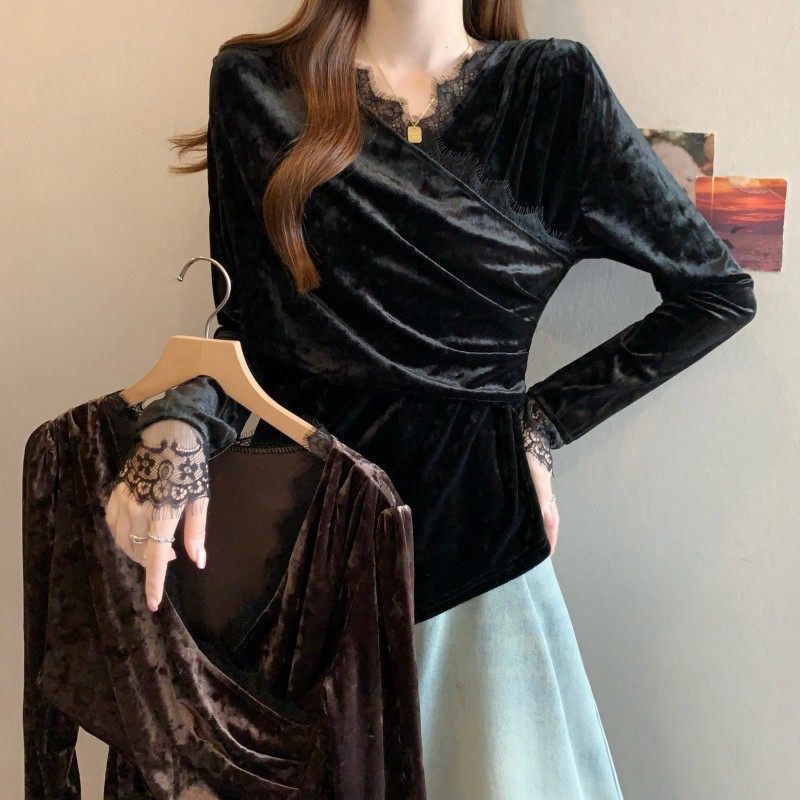 大码女装2025秋冬新款法式交叉V领蕾丝拼接长袖收腰金丝绒上衣潮,女装/女士精品,大码内搭,淘宝优惠券,粉丝福利购,淘宝优惠卷