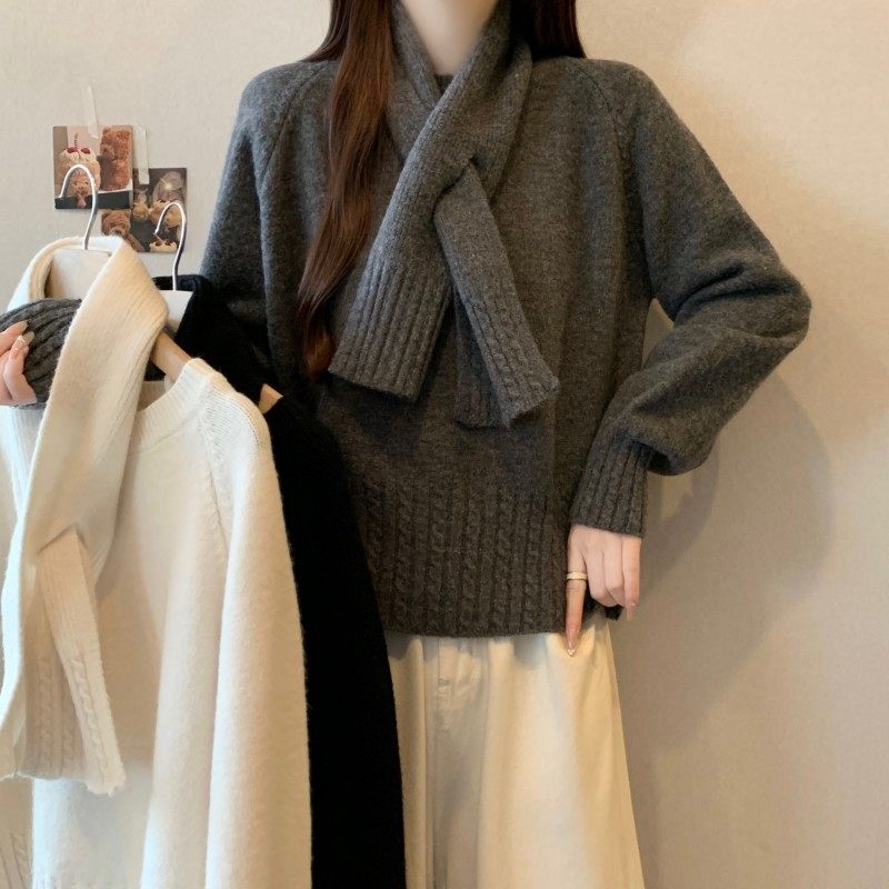 大码女装2025秋冬新款时尚百搭圆领插肩袖套头上衣围巾两件套毛衣,女装/女士精品,大码内搭,淘宝优惠券,粉丝福利购,淘宝优惠卷