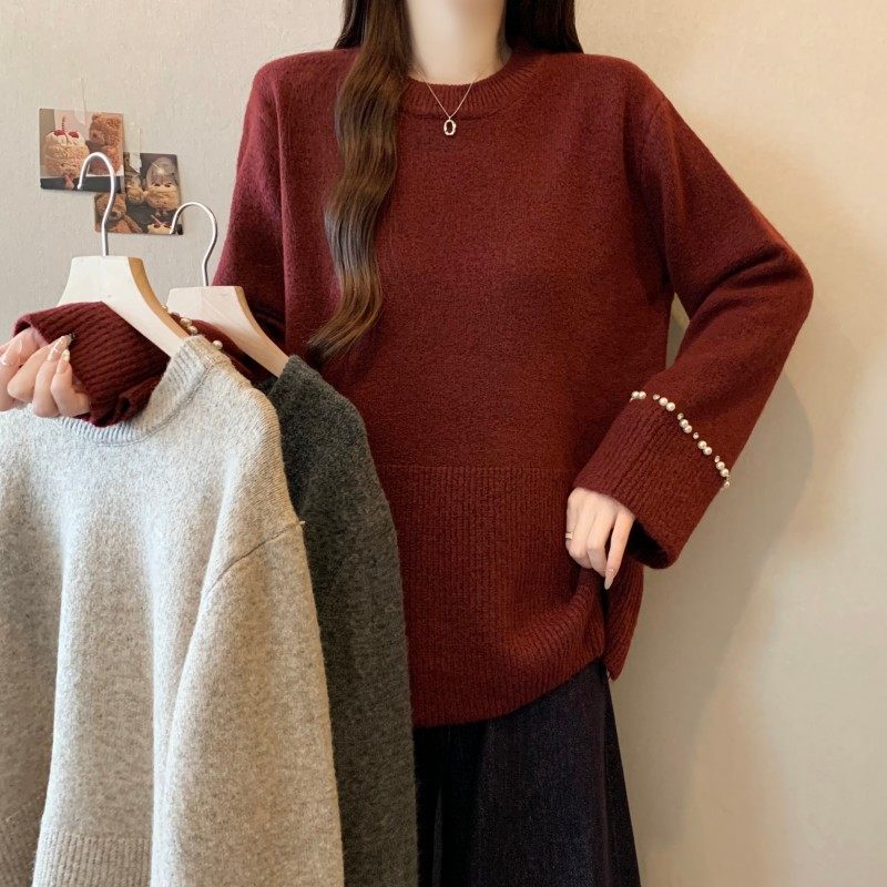 大码女装2025秋冬新款胖MM圆领重工钉珠过年红袖套头长袖上衣毛衣,女装/女士精品,大码内搭,淘宝优惠券,粉丝福利购,淘宝优惠卷