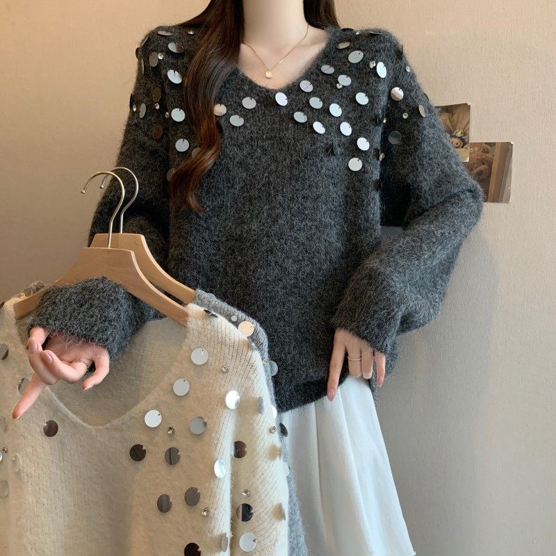 大码女装2025秋冬新款时尚百搭V领重工亮片钉钻套头长袖上衣毛衣,女装/女士精品,大码内搭,淘宝优惠券,粉丝福利购,淘宝优惠卷