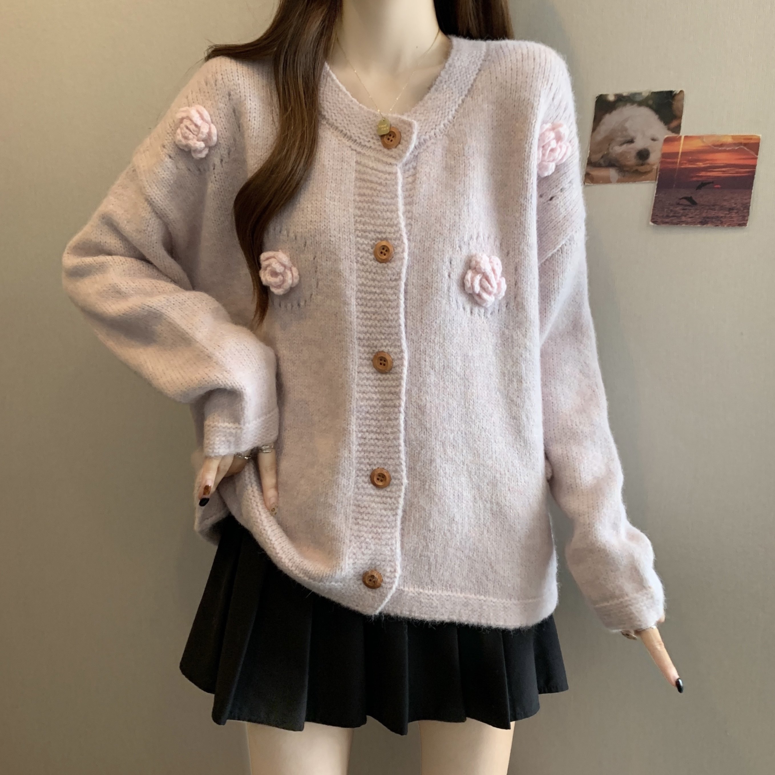 大码女装温柔风粉色毛衣开衫外套秋冬新款胖MM立体花朵长袖上衣潮,女装/女士精品,大码内搭,淘宝优惠券,粉丝福利购,淘宝优惠卷