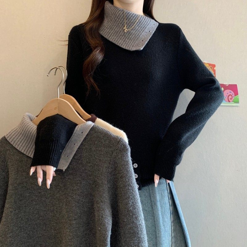 大码女装2025秋冬新款胖MM法式气质撞色翻领正肩套头长袖上衣毛衣,女装/女士精品,大码内搭,淘宝优惠券,粉丝福利购,淘宝优惠卷