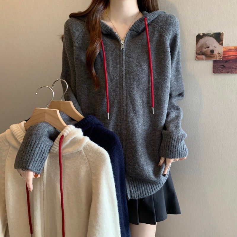 大码女装2025秋季新款时尚百搭连帽红绳双拉链插肩袖开衫长袖毛衣,女装/女士精品,大码内搭,淘宝优惠券,粉丝福利购,淘宝优惠卷