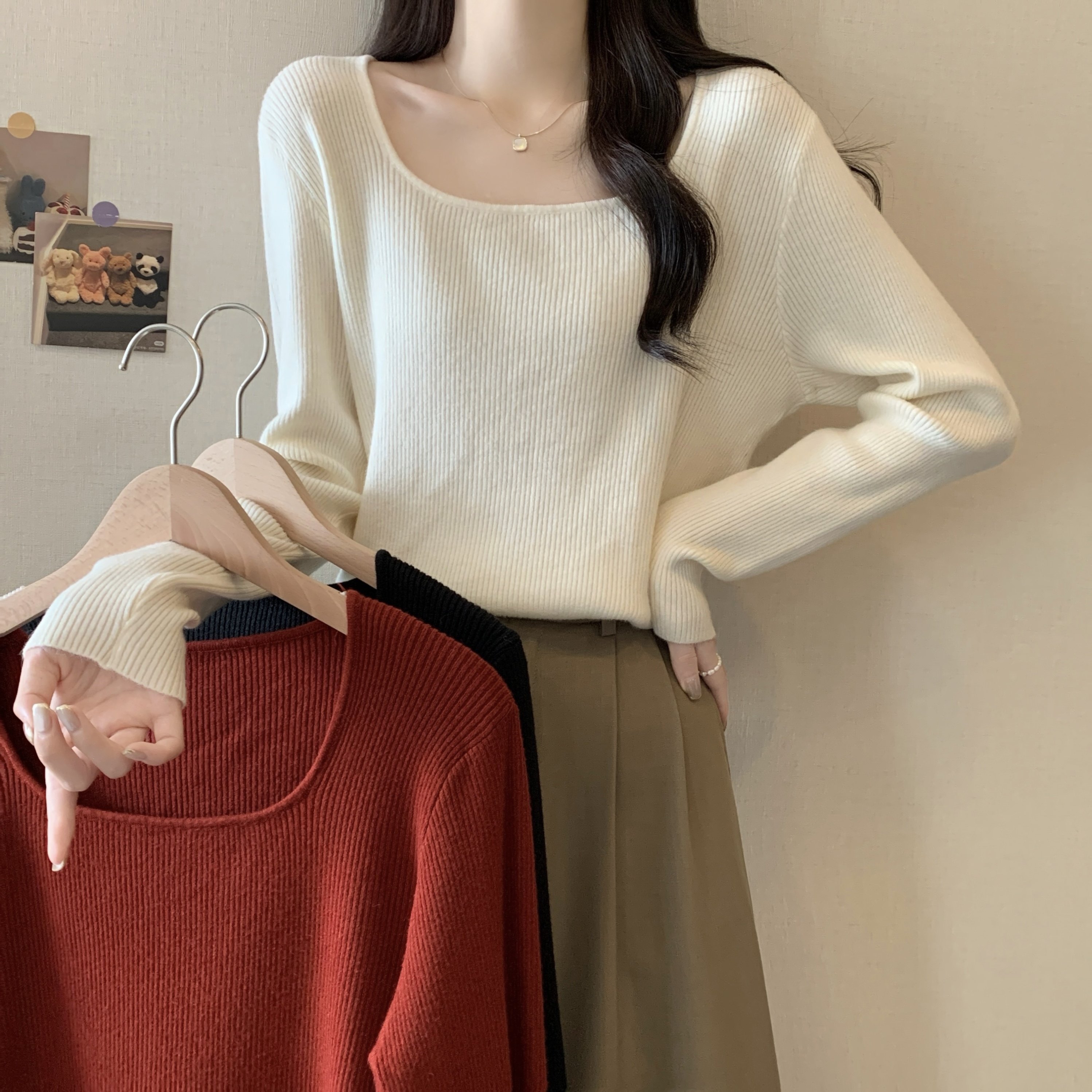 大码女装2025秋冬新款法式方领坑条内搭针织打底衫胖MM长袖上衣潮,女装/女士精品,大码内搭,淘宝优惠券,粉丝福利购,淘宝优惠卷