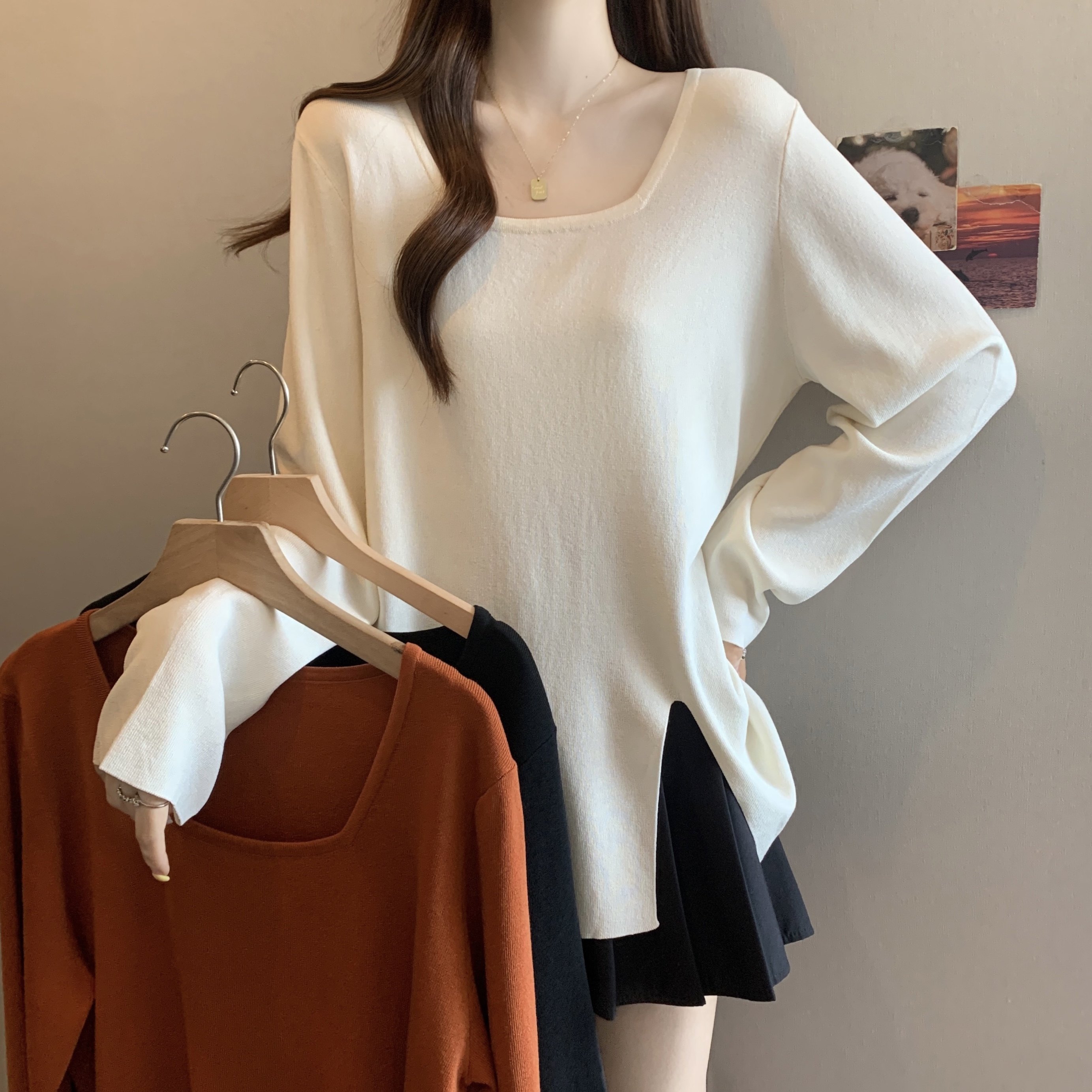 大码女装方领休闲开叉长袖针织衫毛衣秋季新款胖mm时尚百搭上衣潮,女装/女士精品,大码内搭,淘宝优惠券,粉丝福利购,淘宝优惠卷