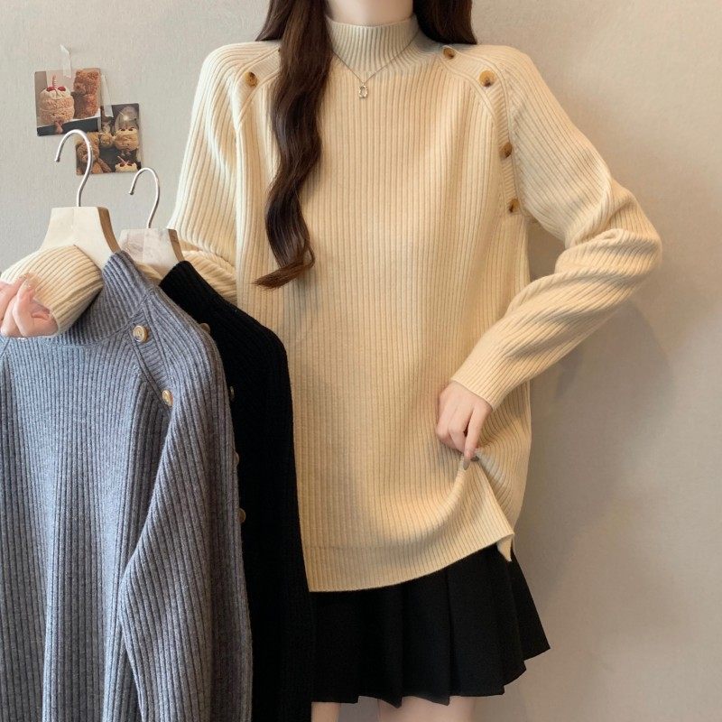 大码女装2025秋冬新款时尚百搭中领一排扣插肩袖套头长袖上衣毛衣,女装/女士精品,大码内搭,淘宝优惠券,粉丝福利购,淘宝优惠卷