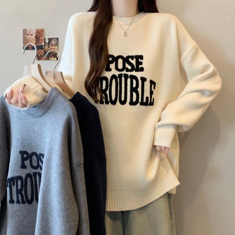 大码女装2025秋冬新款胖MM圆领字母毛巾绣落肩袖上衣长袖套头毛衣,女装/女士精品,大码内搭,淘宝优惠券,粉丝福利购,淘宝优惠卷