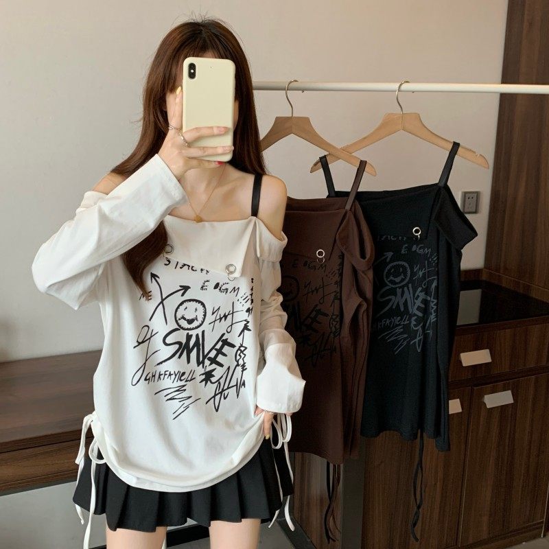 大码女装2025秋季新款时尚百搭露肩印花弧形抽绳下摆长袖上衣T恤,女装/女士精品,大码内搭,淘宝优惠券,粉丝福利购,淘宝优惠卷