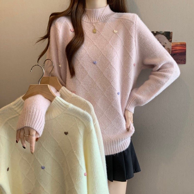 大码女装2025秋冬新款胖MM中领正肩套头小爱心上衣金丝长袖毛衣潮,女装/女士精品,大码内搭,淘宝优惠券,粉丝福利购,淘宝优惠卷