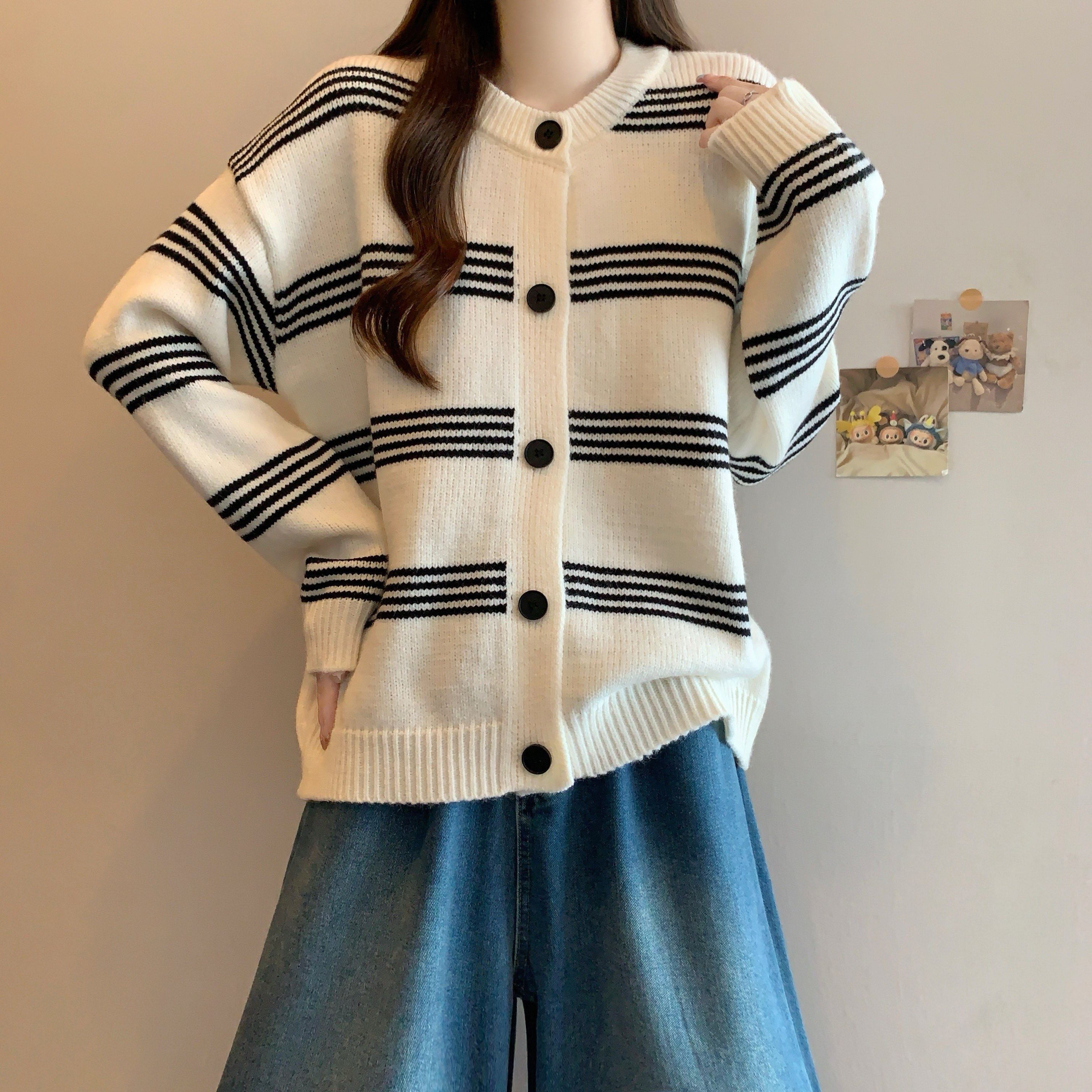 大码女装2025秋冬新款条纹长袖开衫毛衣胖MM宽松百搭针织上衣外套,女装/女士精品,大码内搭,淘宝优惠券,粉丝福利购,淘宝优惠卷