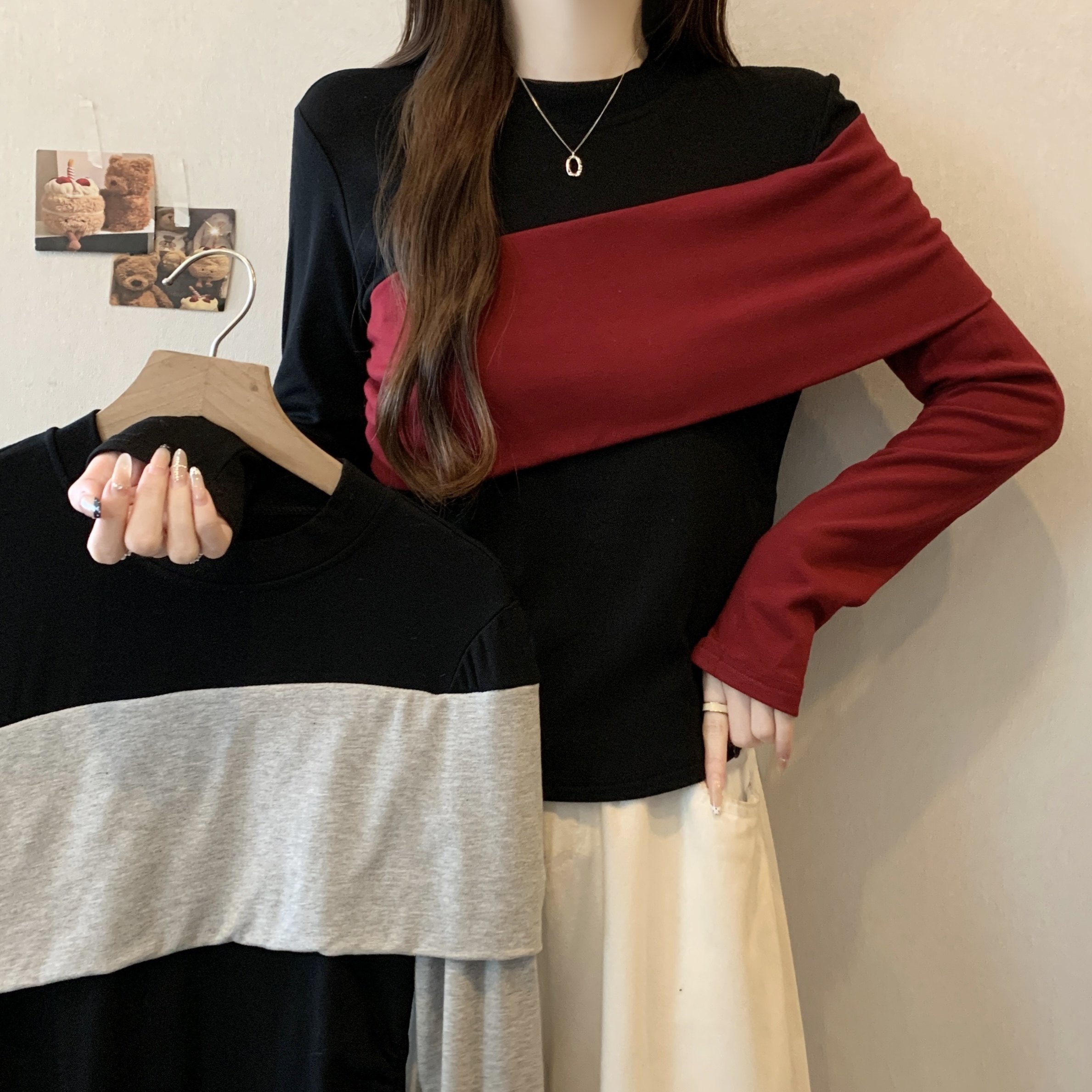大码女装胖mm撞色内搭打底衫长袖T恤女秋冬新款时尚百搭洋气上衣,女装/女士精品,大码内搭,淘宝优惠券,粉丝福利购,淘宝优惠卷