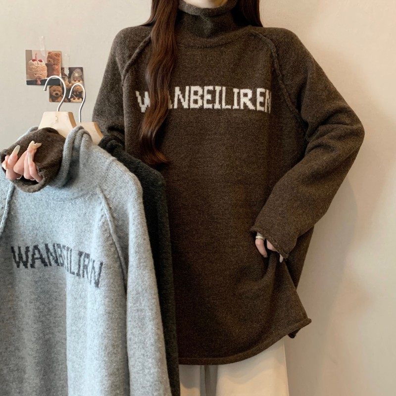 大码女装2025秋冬新款胖MM高领提花字母简约插肩袖套头长袖毛衣潮,女装/女士精品,大码内搭,淘宝优惠券,粉丝福利购,淘宝优惠卷