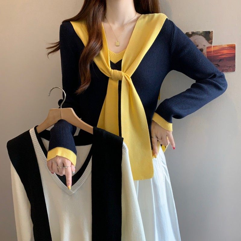 大码女装2025秋季新款时尚百搭V领撞色披肩长袖正肩毛衣两件套潮,女装/女士精品,大码内搭,淘宝优惠券,粉丝福利购,淘宝优惠卷