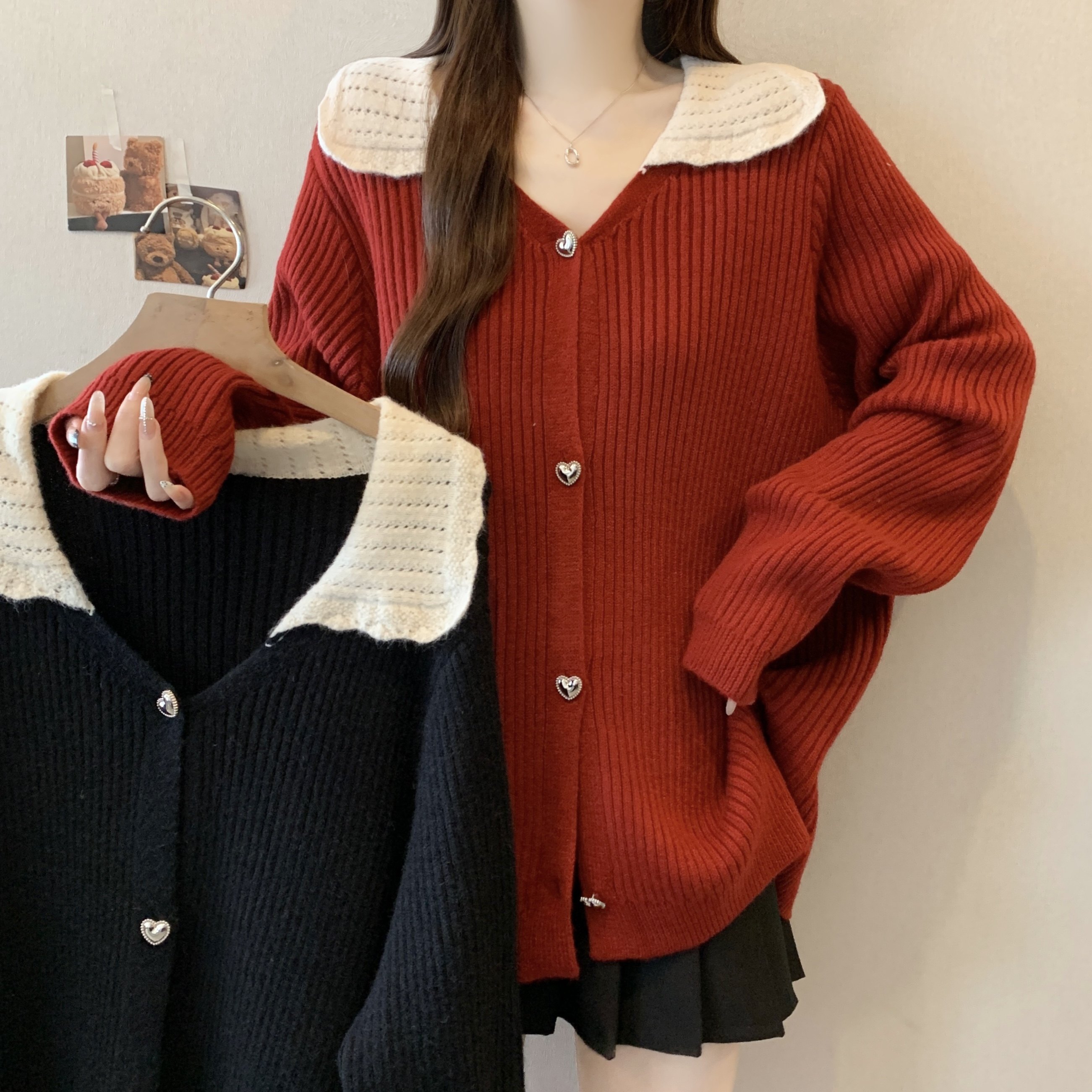 大码女装秋冬新款复古撞色娃娃领毛衣胖mm宽松百搭长袖针织开衫潮,女装/女士精品,大码内搭,淘宝优惠券,粉丝福利购,淘宝优惠卷