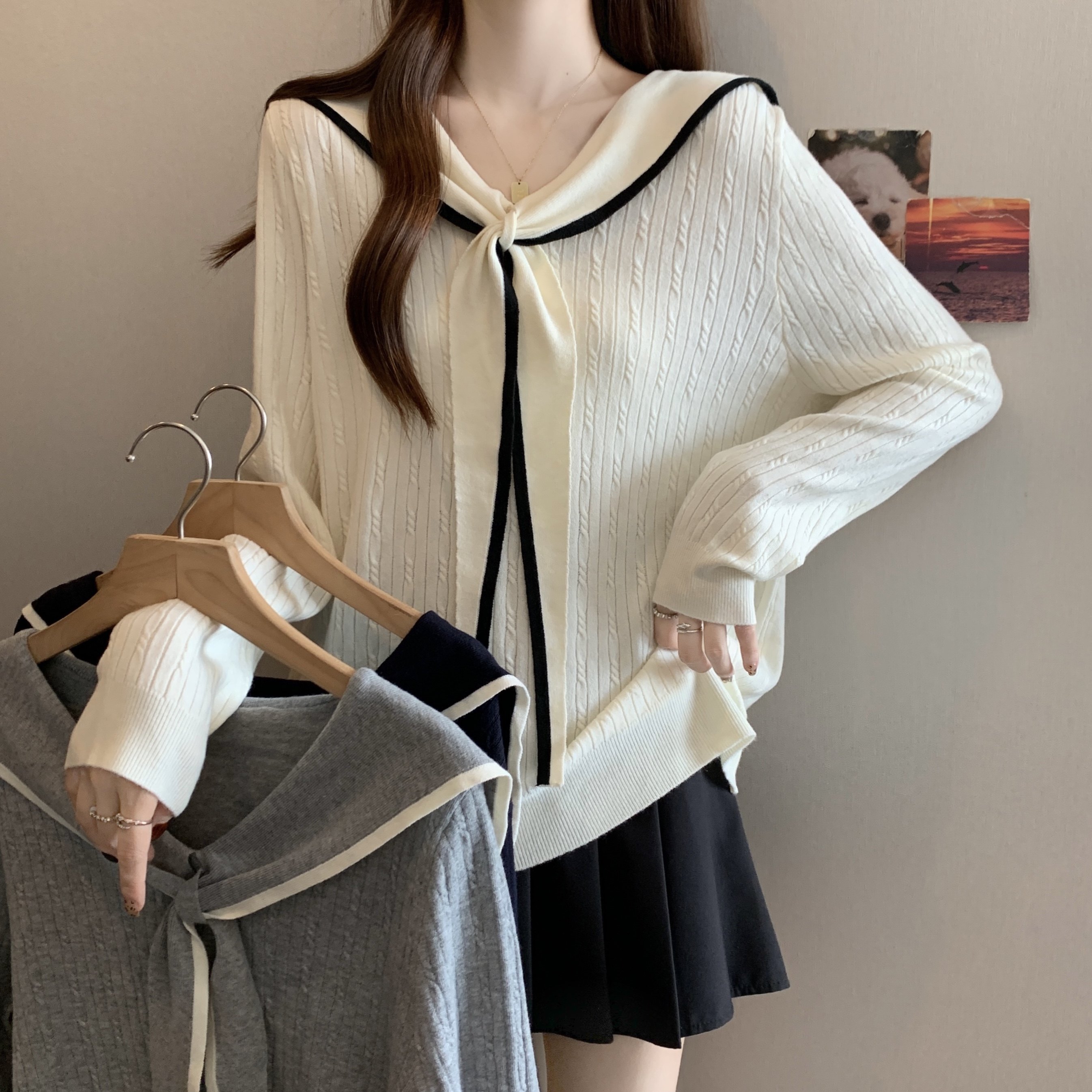 大码女装胖mm韩系海军领长袖针织衫秋季新款学院风宽松毛衣上衣潮,女装/女士精品,大码内搭,淘宝优惠券,粉丝福利购,淘宝优惠卷