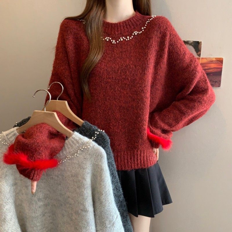 大码女装2025秋冬新款胖MM圆领重工钉钻水貂袖口套头长袖上衣毛衣,女装/女士精品,大码内搭,淘宝优惠券,粉丝福利购,淘宝优惠卷