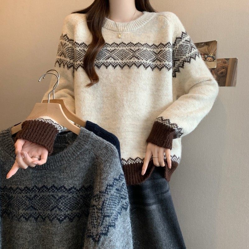 大码女装2025秋冬新款时尚百搭圆领费尔岛插肩袖套头长袖上衣毛衣,女装/女士精品,大码内搭,淘宝优惠券,粉丝福利购,淘宝优惠卷