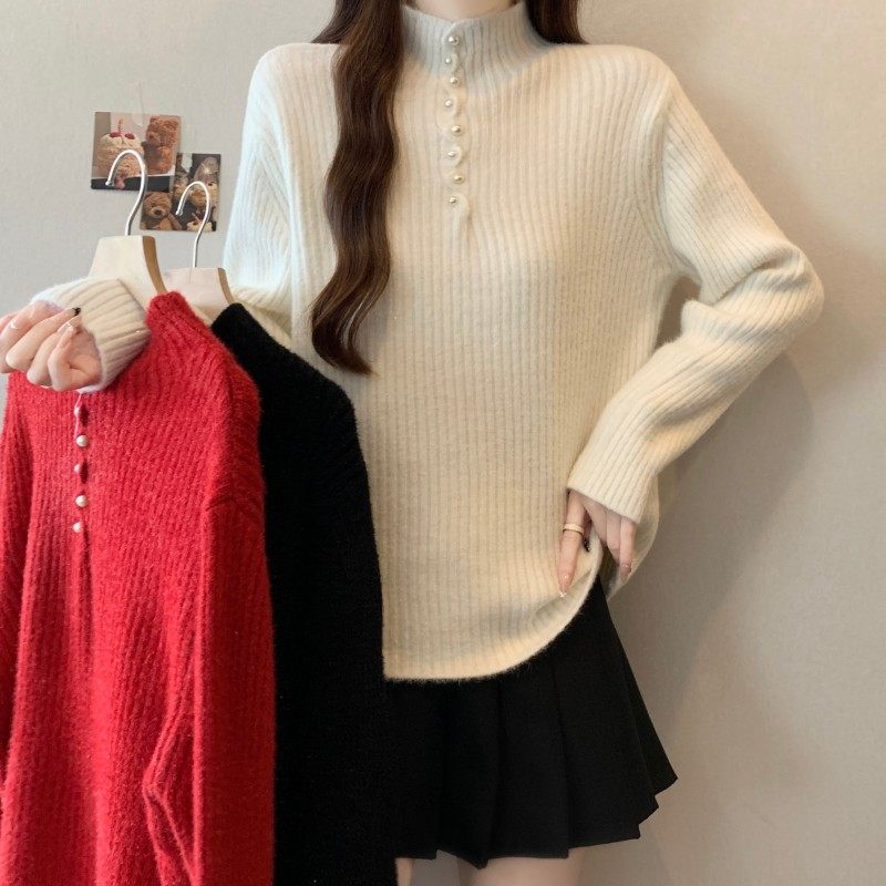 大码女装2025秋冬新款法式珍珠一排扣立领正肩长袖套头上衣毛衣潮,女装/女士精品,大码内搭,淘宝优惠券,粉丝福利购,淘宝优惠卷