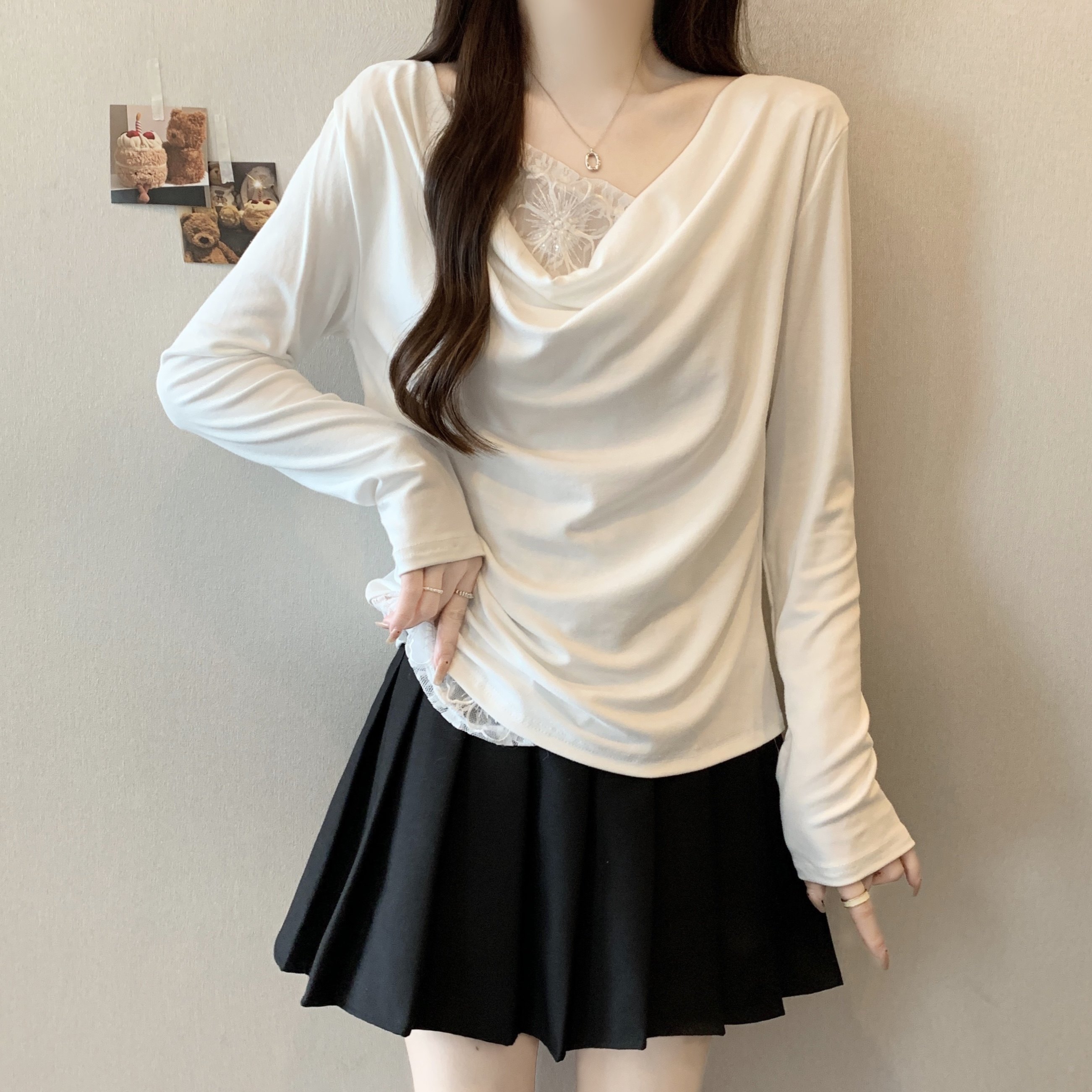 大码女装一字肩t恤秋季新款蕾丝内搭打底衫设计感纯欲斜肩上衣长,女装/女士精品,大码内搭,淘宝优惠券,粉丝福利购,淘宝优惠卷