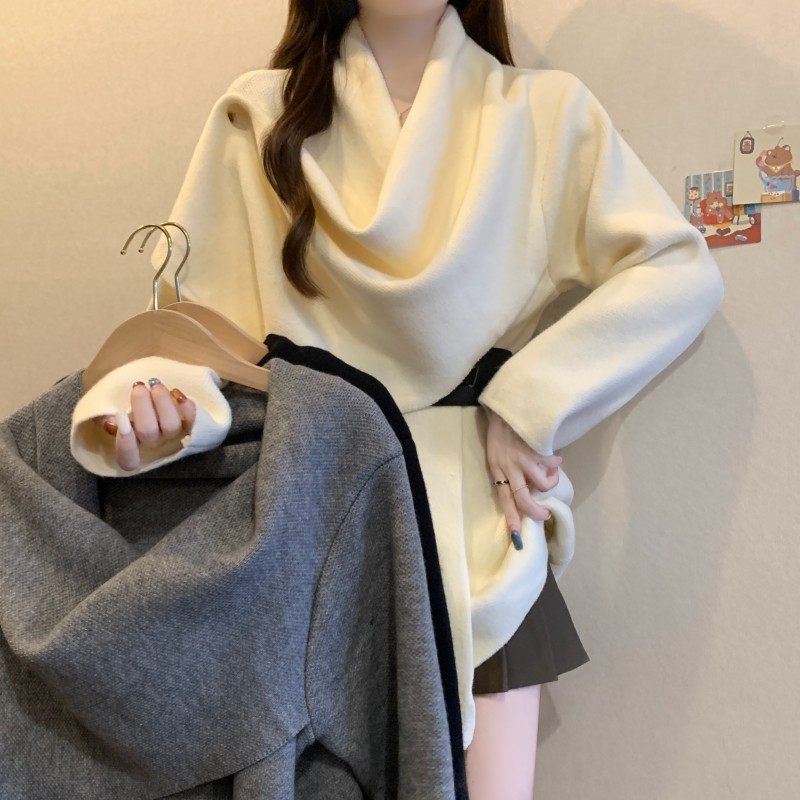 大码女装2025秋冬新款法式设计感荡领收腰系带正肩长袖上衣毛衣潮,女装/女士精品,大码内搭,淘宝优惠券,粉丝福利购,淘宝优惠卷