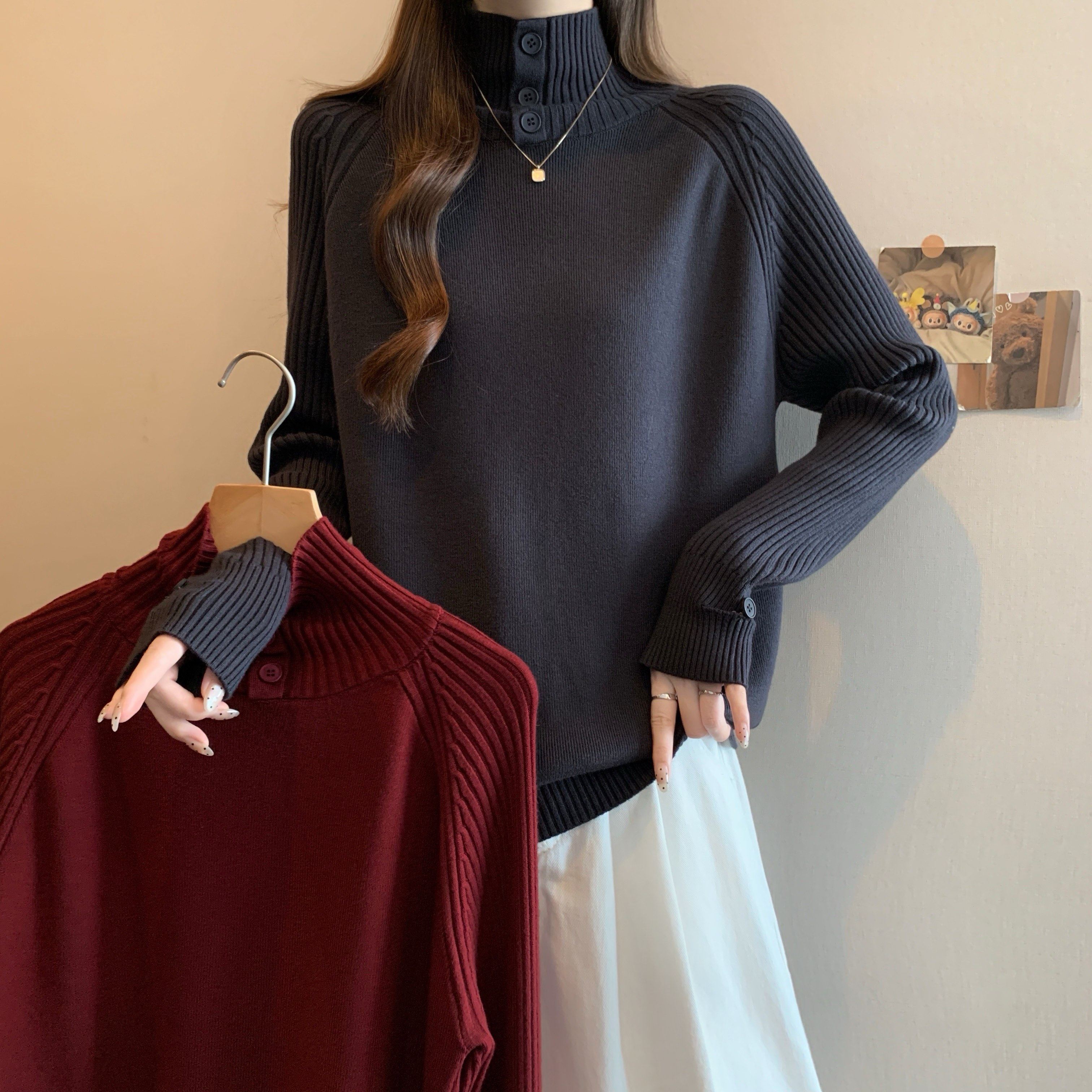 大码女装堆堆领毛衣女秋冬胖MM加厚纽扣内搭长袖上衣针织打底衫潮,女装/女士精品,大码内搭,淘宝优惠券,粉丝福利购,淘宝优惠卷