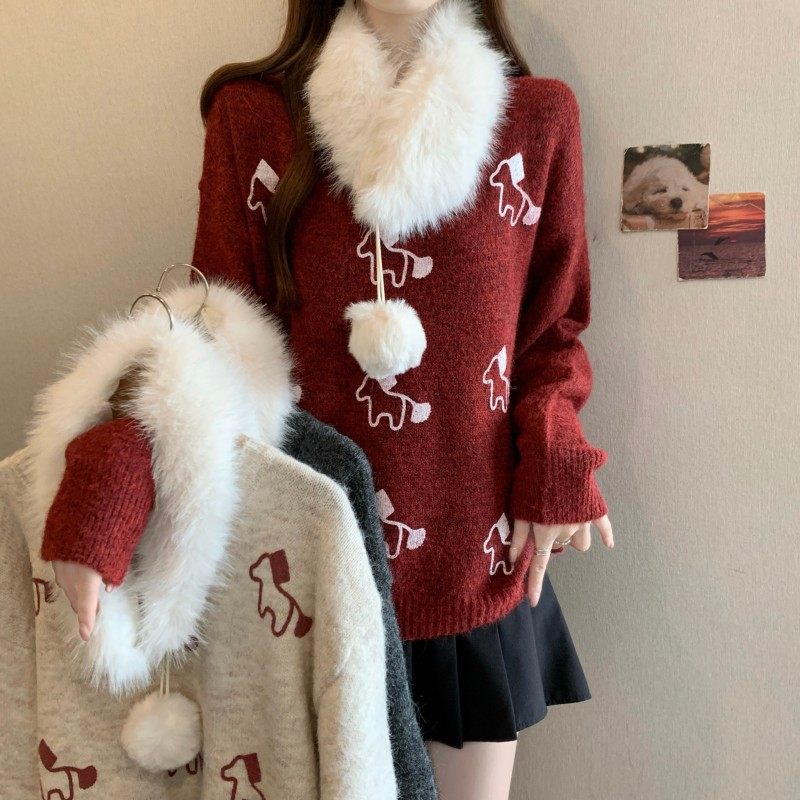 大码女装2025秋冬新款胖MM过年红小马刺绣毛领长袖套头上衣毛衣潮,女装/女士精品,大码内搭,淘宝优惠券,粉丝福利购,淘宝优惠卷