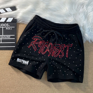 男重磅棉毛圈高街休闲五分裤 美式 烫钻满天星刺绣字母logo休闲短裤