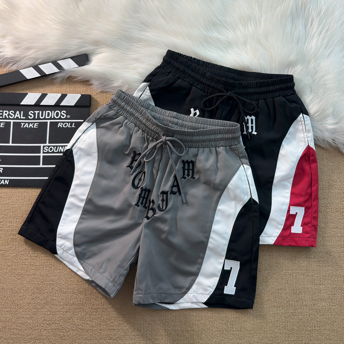 港风复古美式高街休闲短裤男夏宽松风衣布厚实撞色刺绣运动四分裤