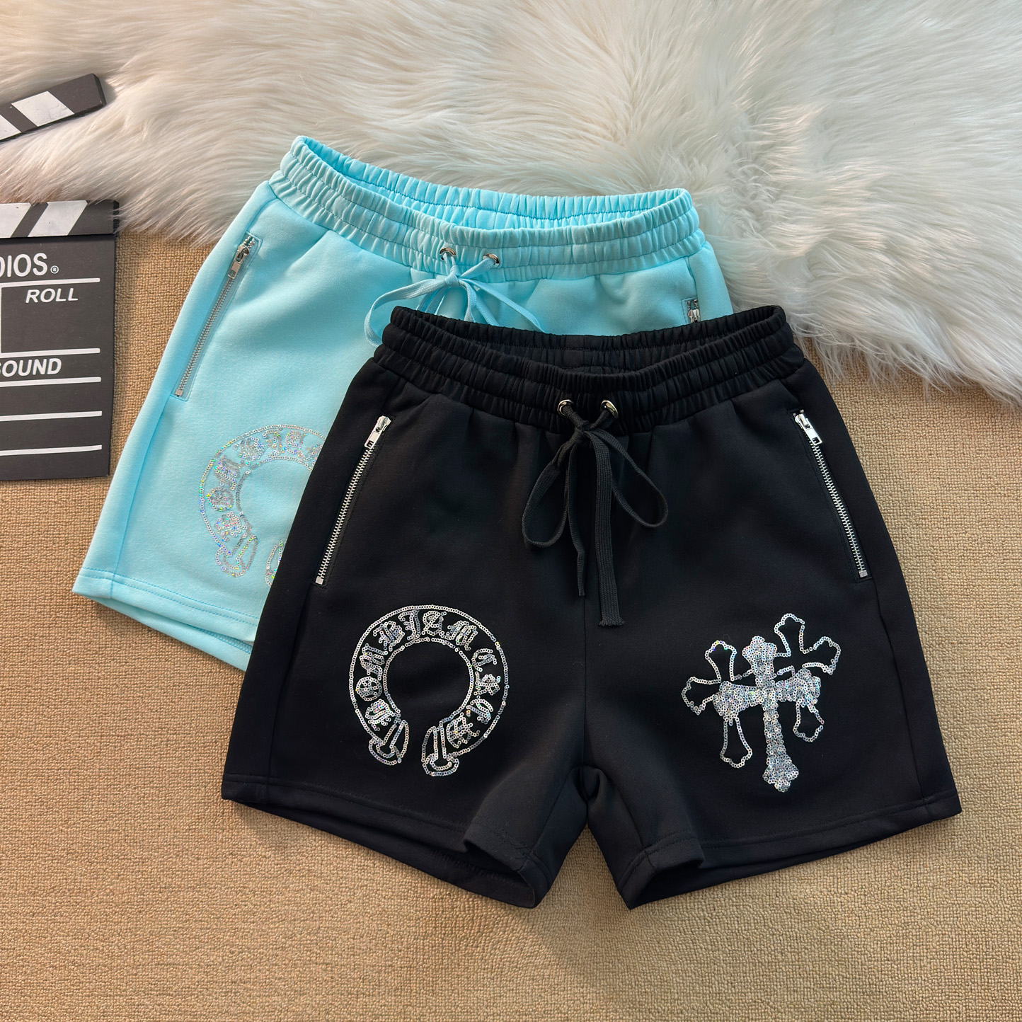 美式潮牌ins超火珠片十字架短裤