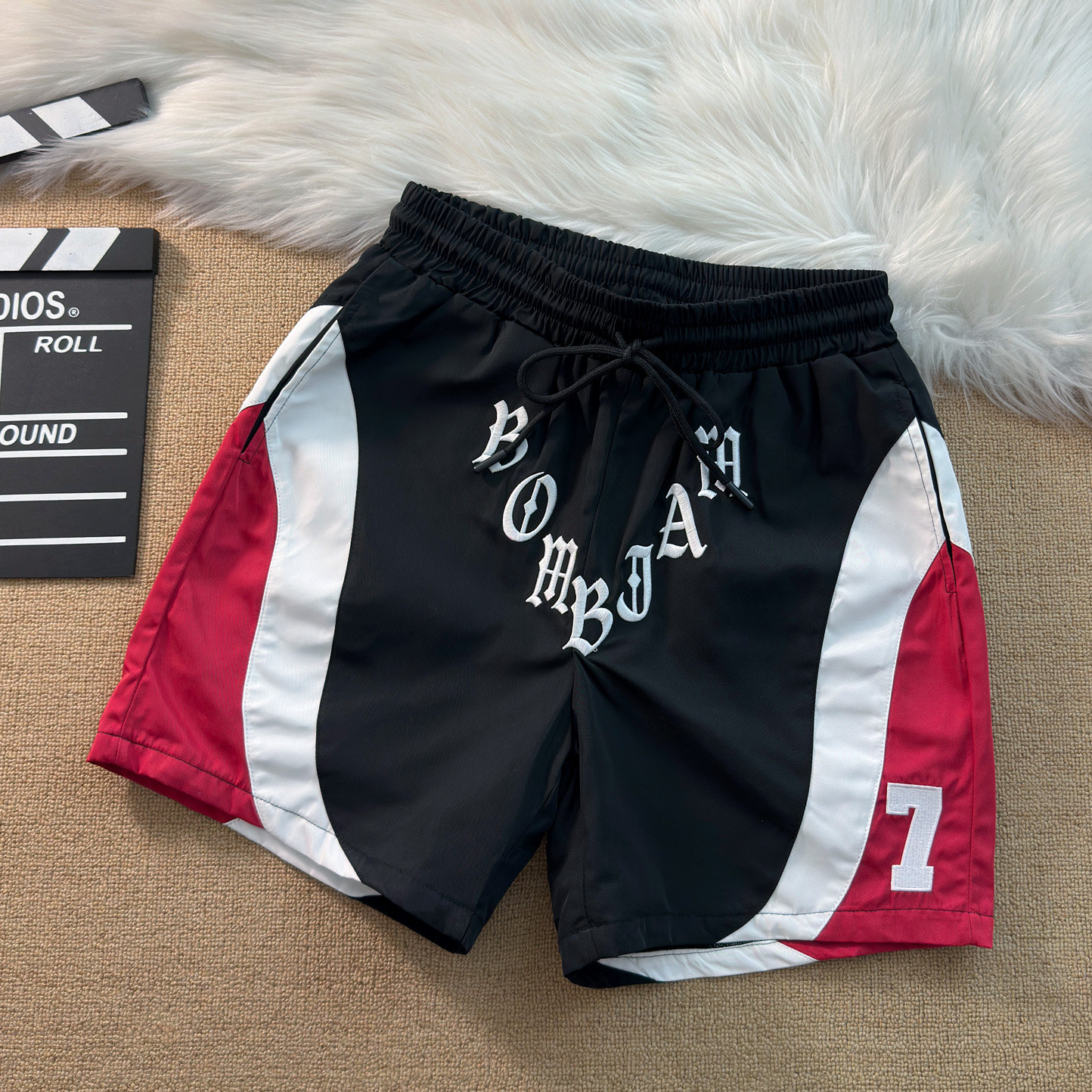 港风复古美式高街休闲短裤男夏宽松风衣布厚实撞色刺绣运动四分裤