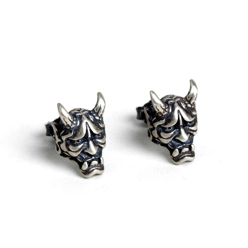 新品骷髅恶魔般若S925纯银耳钉男个性复古耳环情侣配饰品时尚女