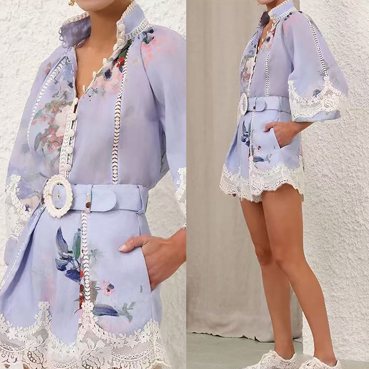 澳洲小众气质显瘦时尚蓝色印花灯笼袖蕾丝拼接衬衣高腰短裤两件套
