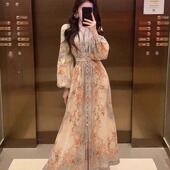 澳洲小香风复古印花V领单排扣连衣裙长袖 气质碎花海边度假沙滩裙